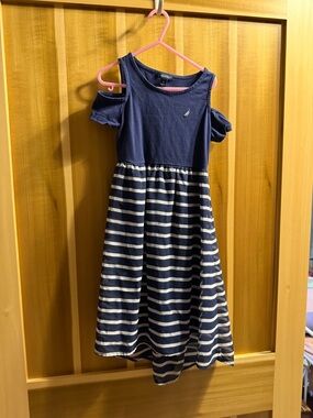 Nautica Navy and White Cold-Shoulder Striped Dress